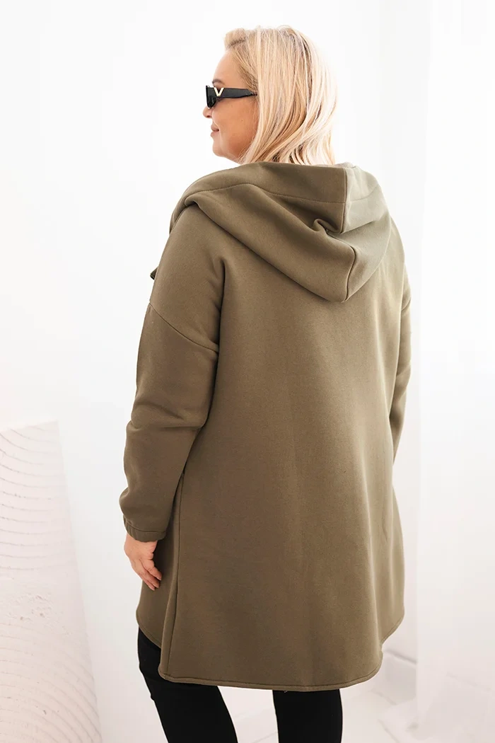 Dámska mikina Plus Size zateplená s kapucňou a asymetrickým zipsom khaki