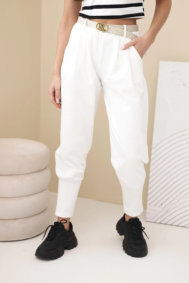 Women's cotton high-waisted pants with a belt ecru