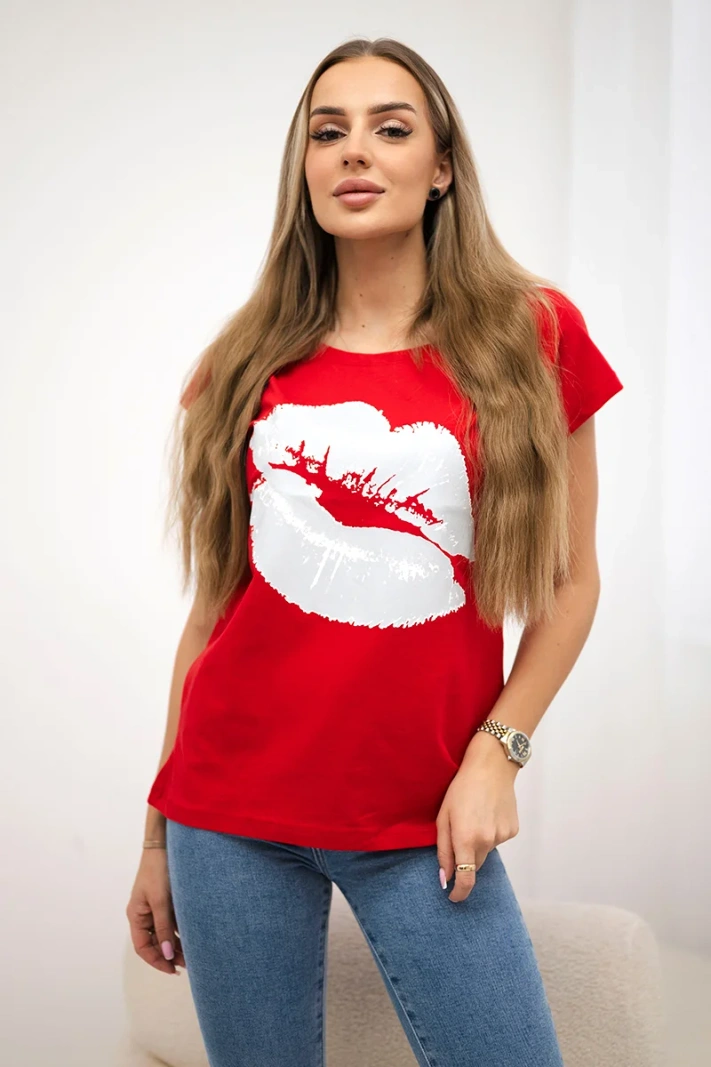 Blouse with lips print red
