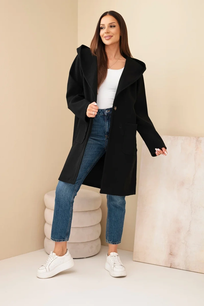 Women's coat with hood and large pockets black