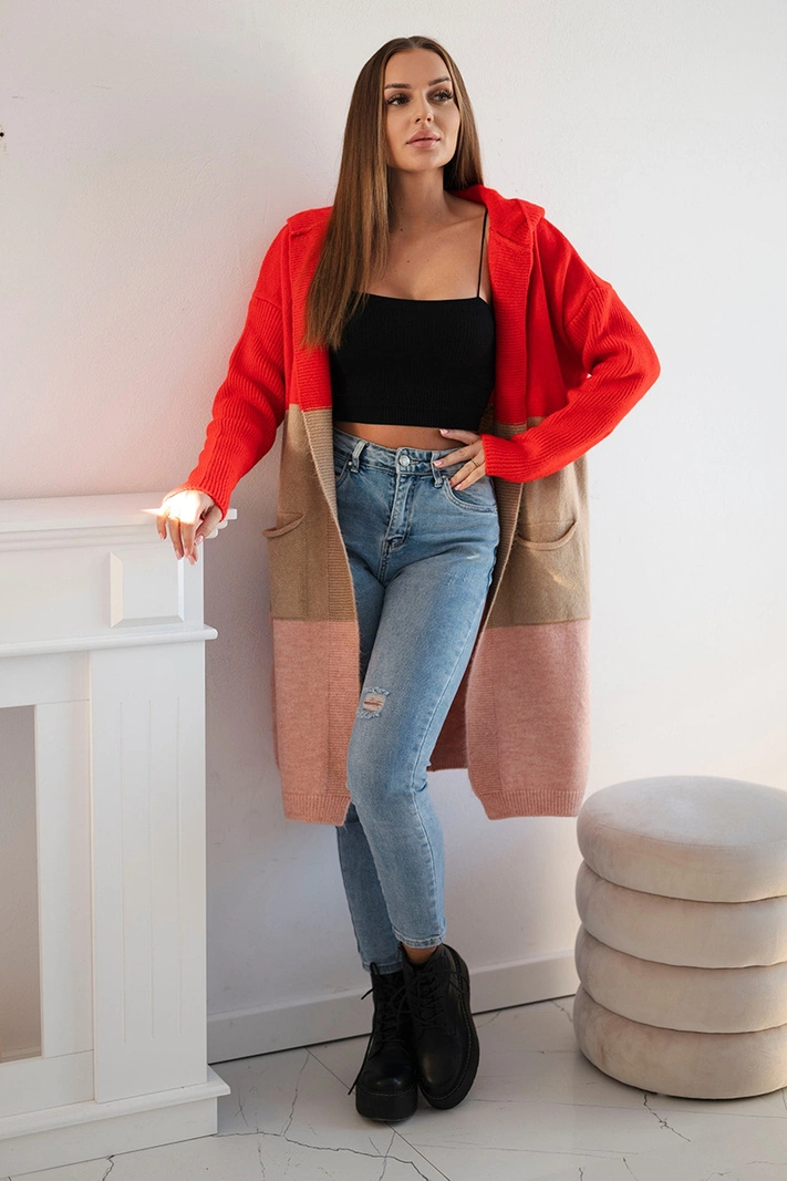 Striped hooded cardigan sweater red+camel+powder pink