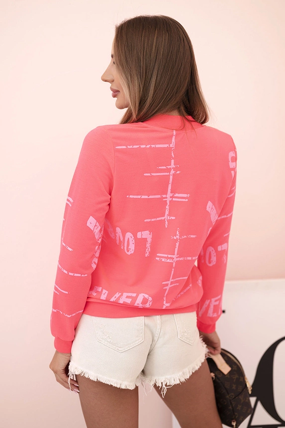 Women's cotton sweatshirt with print and zipper neon pink
