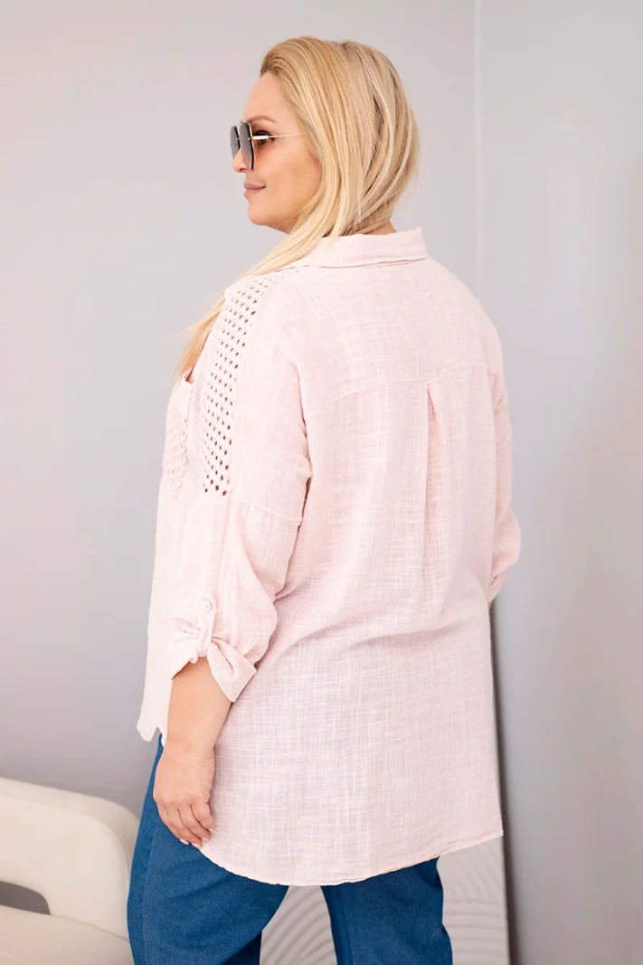 Dámská bavlněná košile Plus Size s límečkem a krajkovým vsazením tmavě pudrově růžová