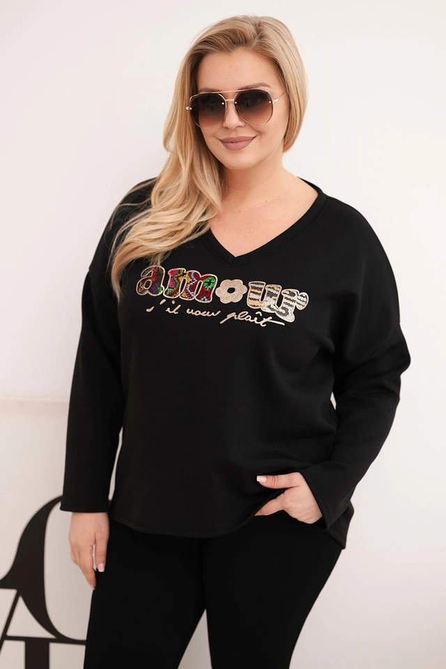 Damenpullover Plus Size mit Aufdruck und V-Ausschnitt schwarz
