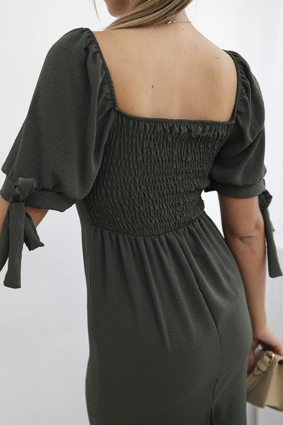 Dress ruffled at the back with tied sleeve khaki