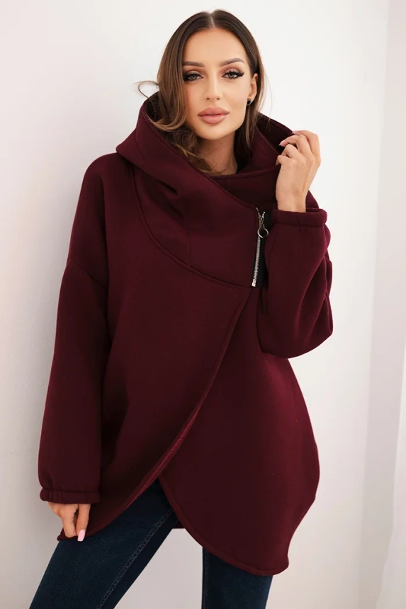 Damen Sweatshirt mit Kapuze und asymmetrischem Reißverschluss bordeaux