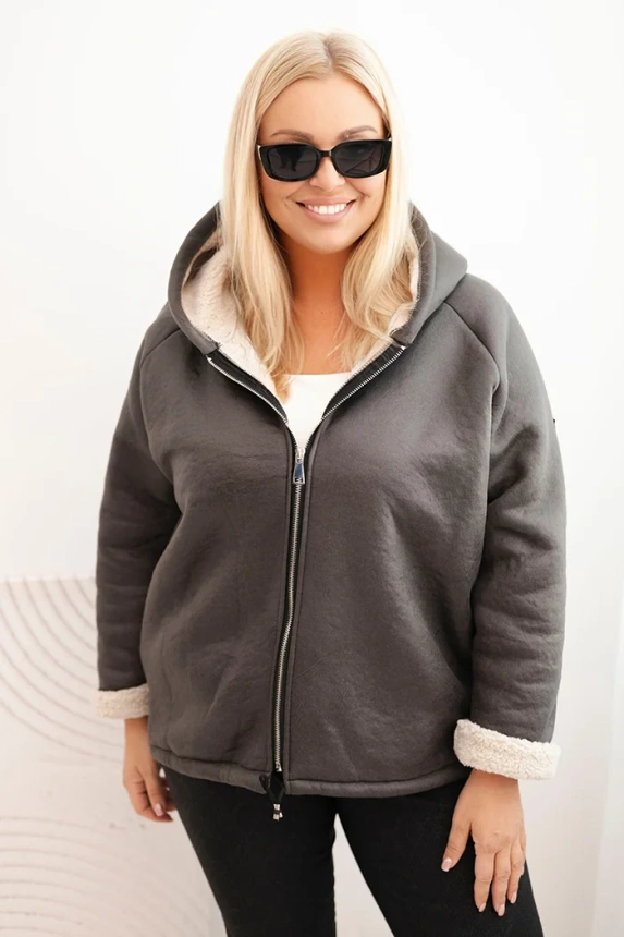 Damenjacke Plus Size mit Kapuze und Lammfell grafitowa