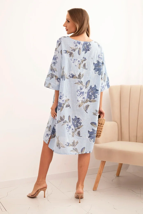 Damenkleid aus Baumwolle mit floralem Muster und 3/4-Ärmeln blau