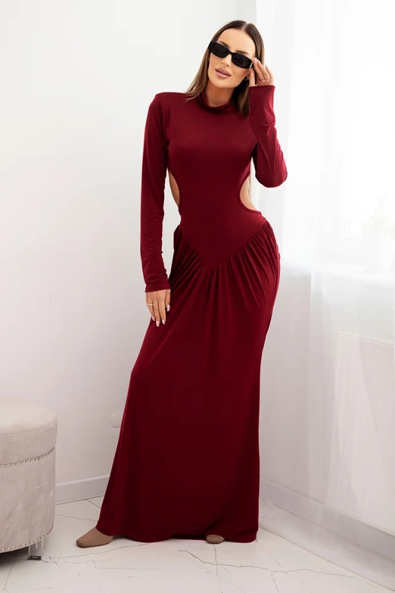 Long women's dress with viscose, turtleneck and open back, burgundy