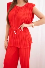 Women's pleated viscose two-piece set with a tie-front blouse and wide-leg trousers red