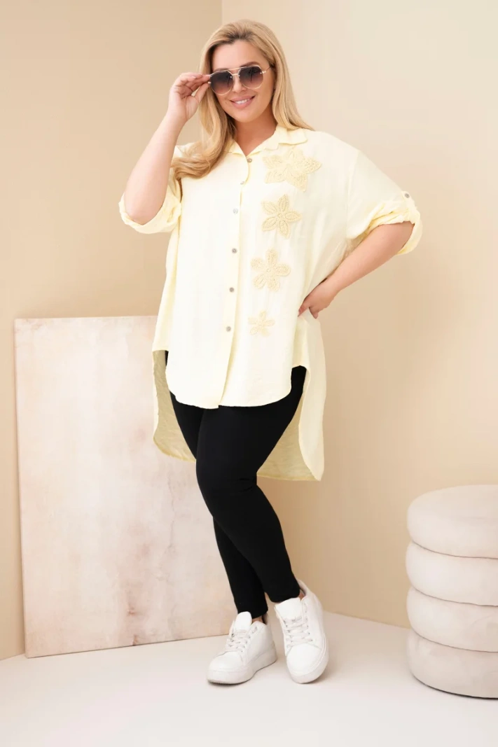 Dámska košeľa Plus Size z viskózy s kvetinovým vyšívaním žltá