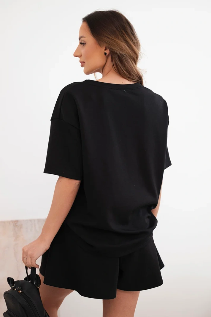 Damen-Set aus butterweicher Viskose mit kurzem Ärmel und Shorts mit hohem Bund schwarz