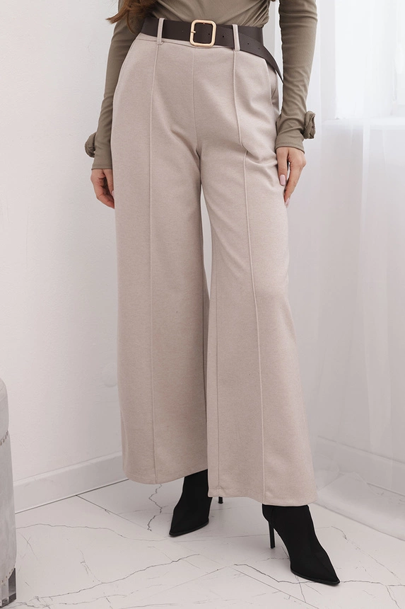 Women's elegant trousers with a belt and wide leg beige