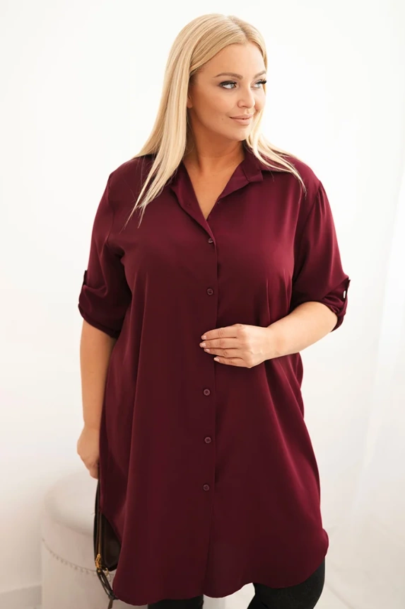 Dámská košilová šaty Plus Size s delším zadním dílem a ohrnovacími rukávy švestková