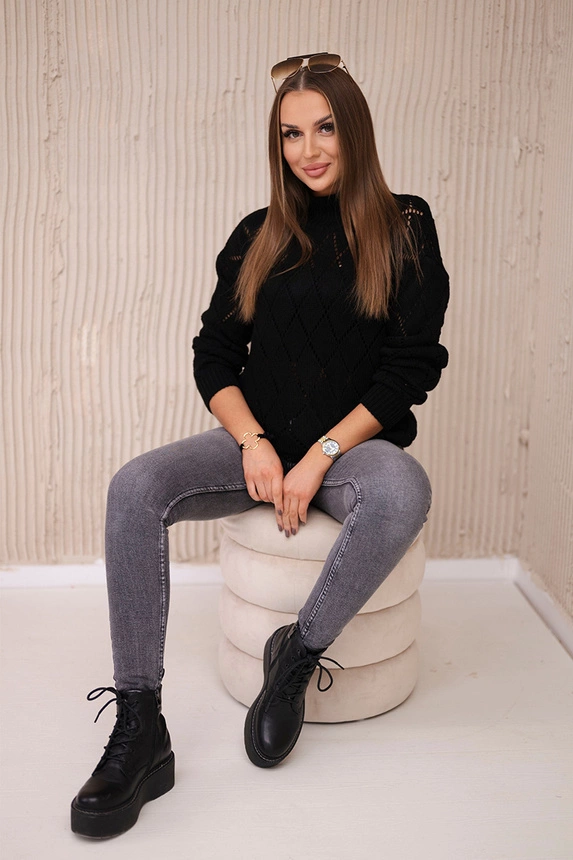 Pullover mit halbem Rollkragen und Rautenmuster schwarz