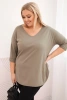 Moteriška medvilninė palaidinė Plus Size su V formos iškirpte ir pasukamomis rankovėmis khaki