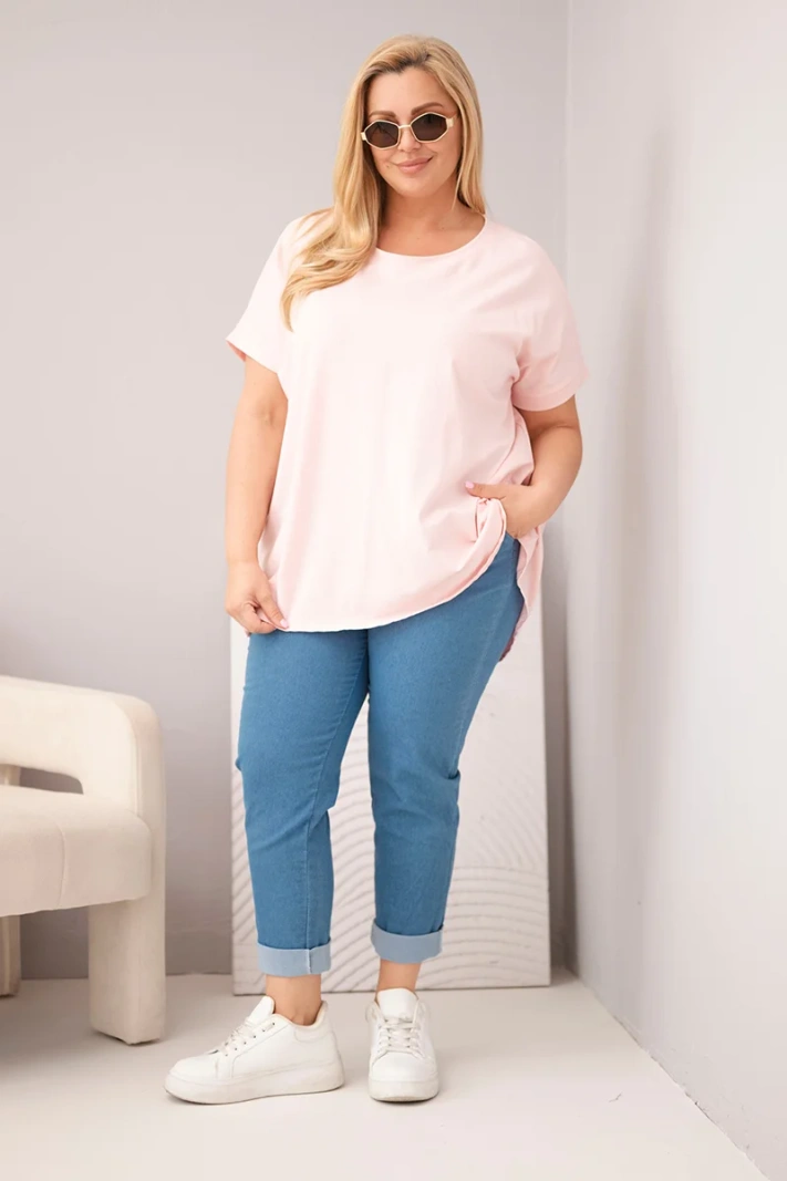 Dámská plus size bavlněná halenka s krátkým rukávem bonbónově růžová