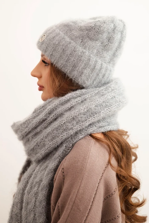 Women's set hat and scarf ribbed with decoration gray