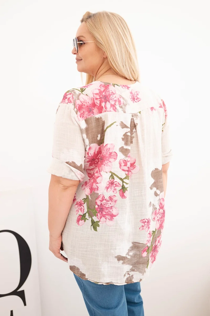 Damen Baumwollbluse Plus-Size mit V-Ausschnitt und Blumenmuster beige