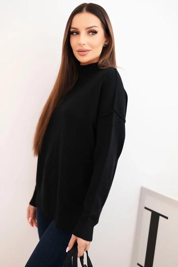 Damenpullover aus Viskose mit geripptem Stehkragen und lockerer Passform schwarz