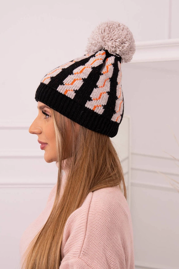 Moteriška kepurė su pomponu Rozalia K323 beige+black