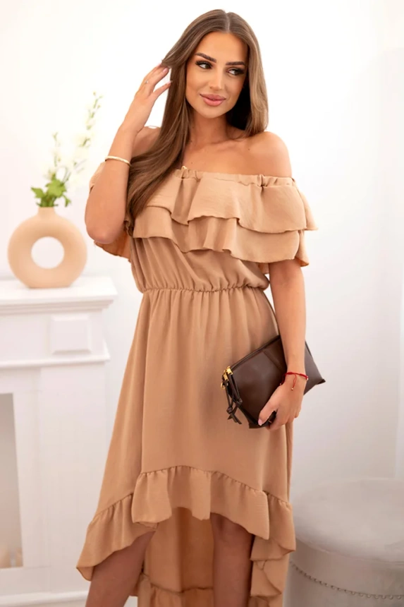 Women's off-the-shoulder dress with a longer back camel