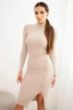 Women's ribbed dress with a turtleneck and decorative buttons beige