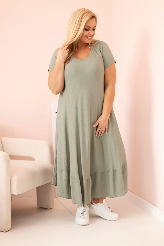 Plus size women's dress with short sleeves and ruffle made of light viscose khaki