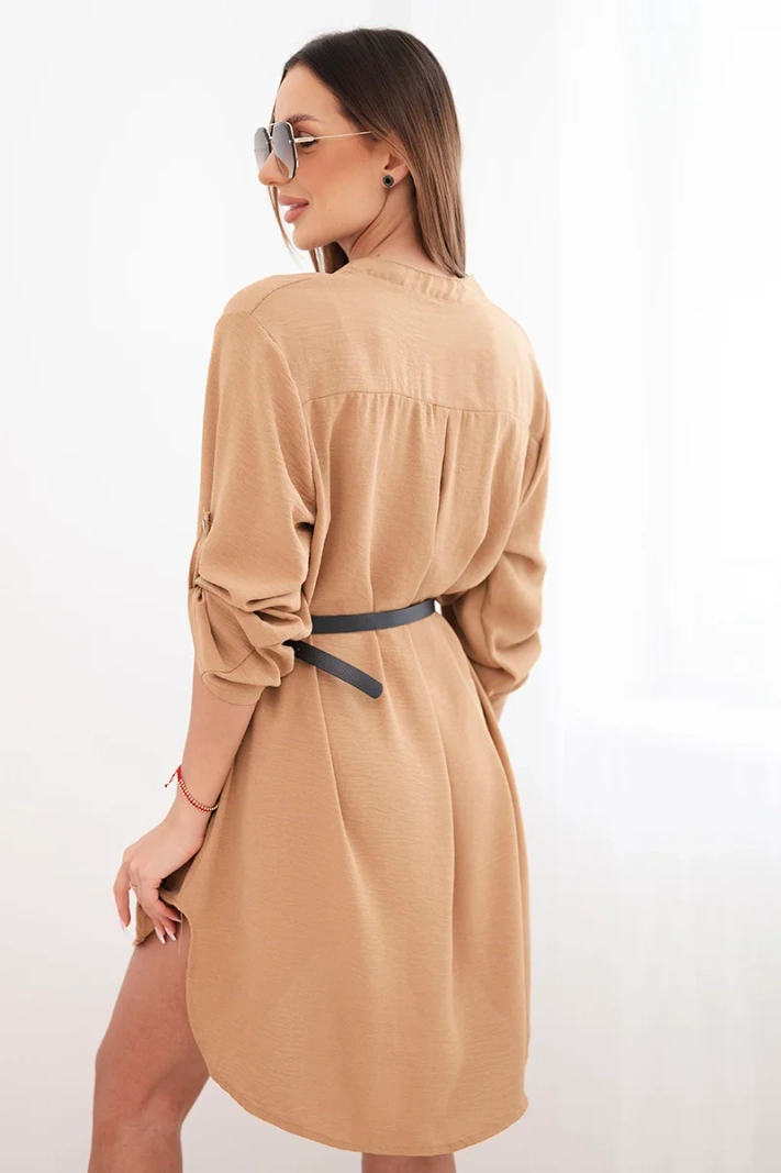 Dress with a longer back and a belt light camel