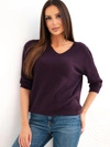 Women's sweater with V-neck and 3/4 sleeve plum brown