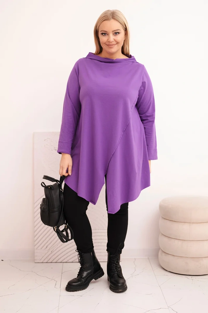 Dámska bavlnená blúzka Plus Size asymetrická s prehnutým rukávom fialová