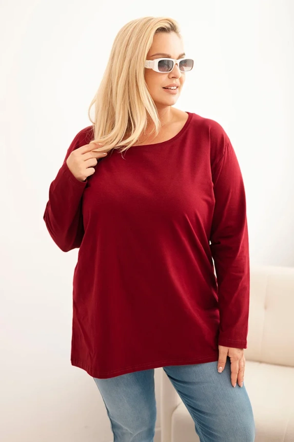 Women's Plus Size cotton blouse with a round neckline maroon