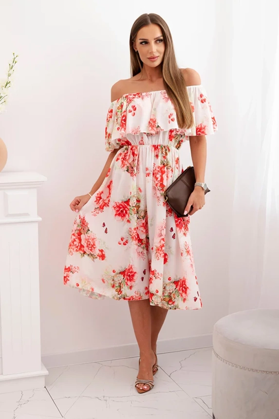 Women's dress with a frill and bare shoulders with flowers red