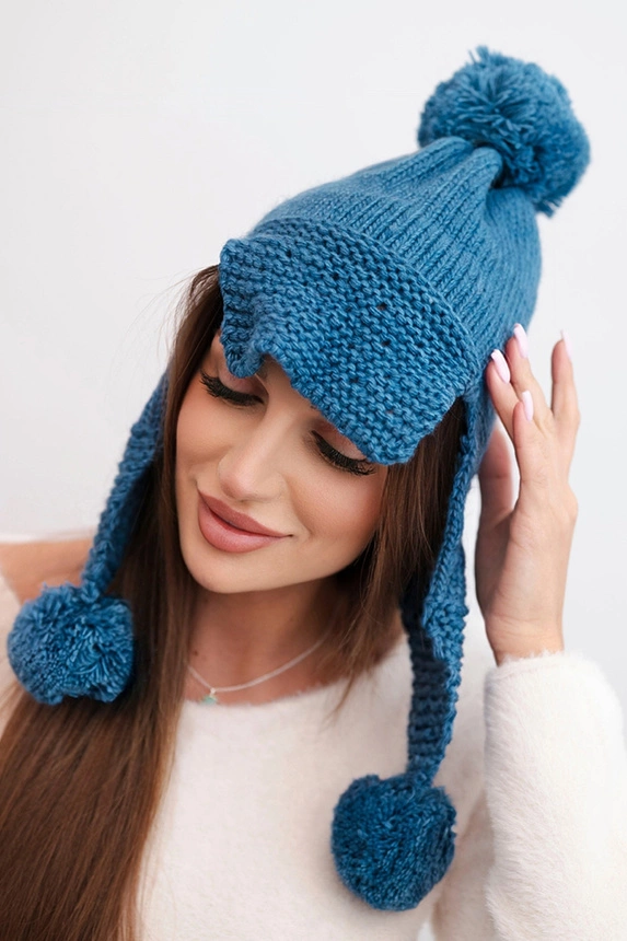 Damenwintermütze aus Wolle mit Schirm und Pompons K475 jeansblau