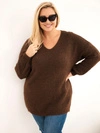 Dámský svetr Plus Size s vlnou s výstřihem do V hnědý