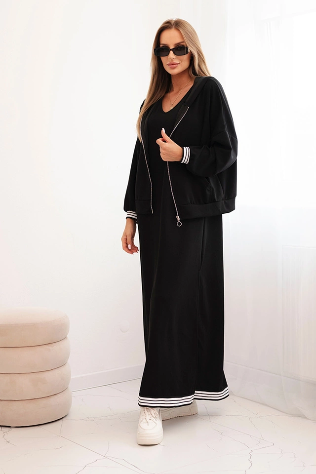 Komplet damska z wiskozą z rozpinaną bluzą i długą sukienką czarny