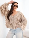Women's sweater with fringes and decorative buttons camel-colored