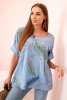 Women's cotton blouse with leaves with roll-up sleeves denim