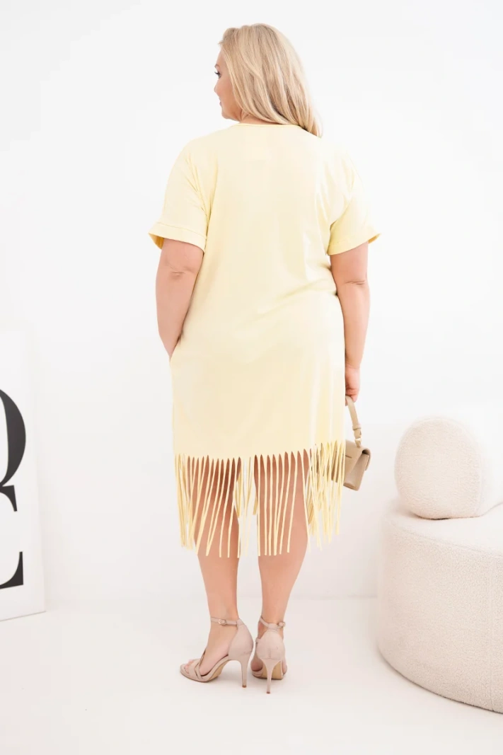 Dámske bavlnené šaty s výstrihom do V a strapcami Plus Size žltá