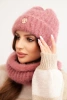 Women's set hat and winter fluffy snood with decorative emblem dark pink
