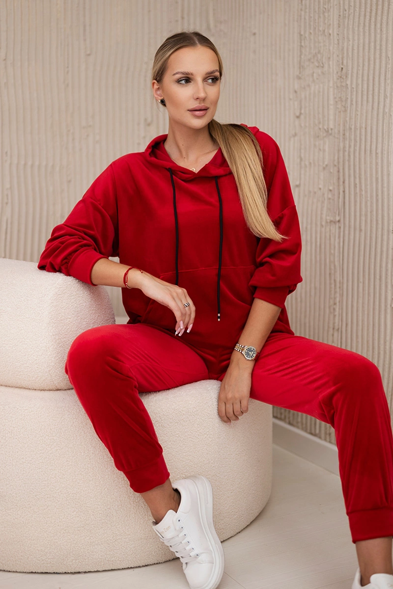 Komplet welurowy bluza kangurka + spodnie czerowny zdjęcie 1
