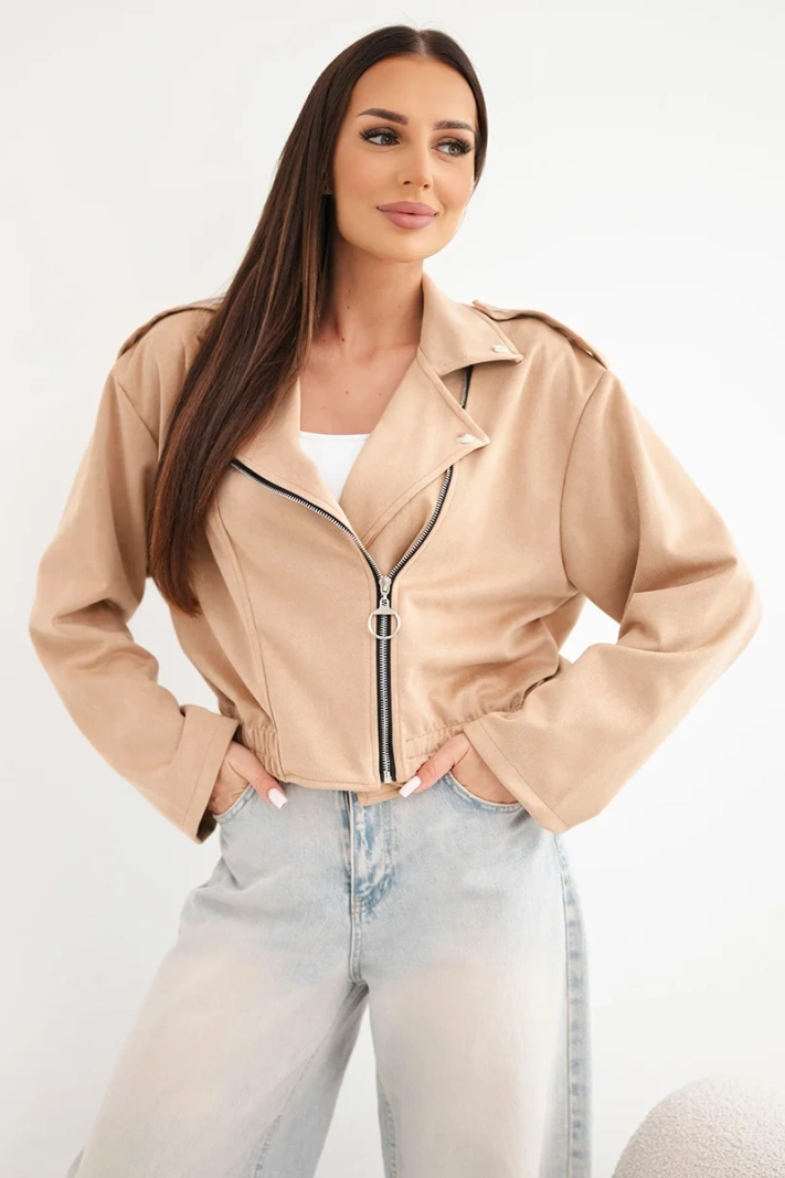 Women's suede viscose jacket with asymmetrical zipper camel