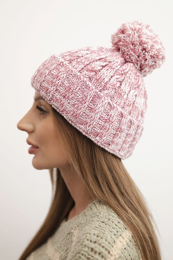 Damenwintermütze mit Pompon aus Wolle K424 hellrosa