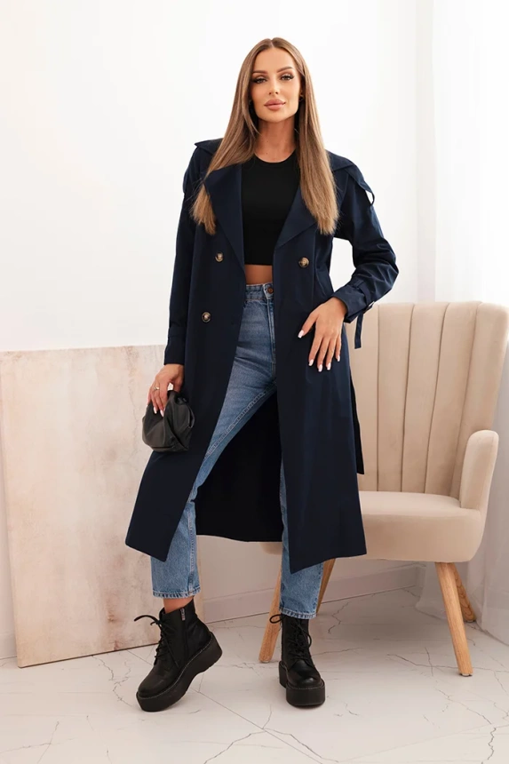 Women's coat tied at the waist with a collar navy