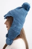Damenwintermütze aus Wolle mit Schirm und Pompons K475 jeansblau