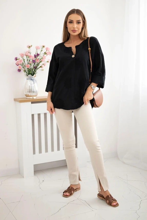 Shirt blouse with an embroidered pattern black