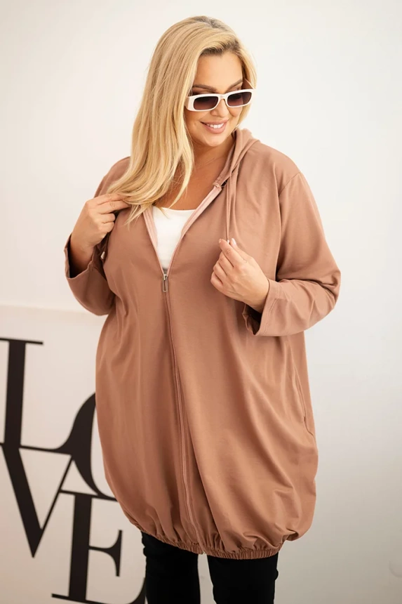 Dámska mikina Plus Size bavlnená s kapucňou a zipsom cappuccino