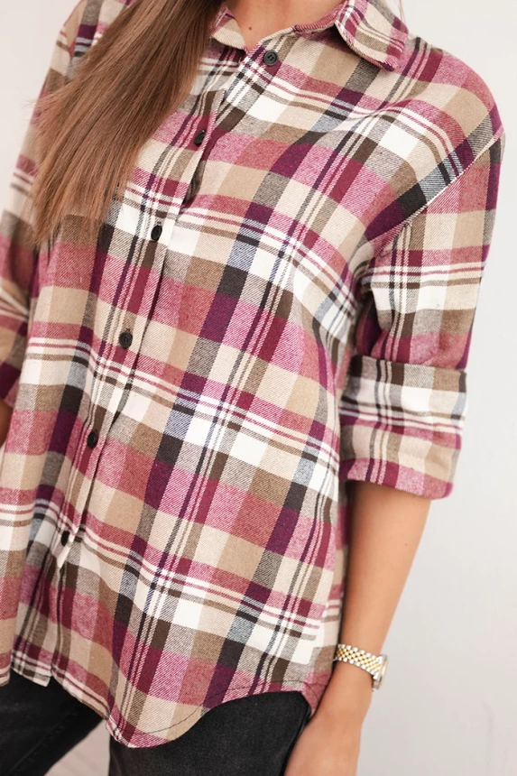 Women's cotton checkered shirt with a longer back beige