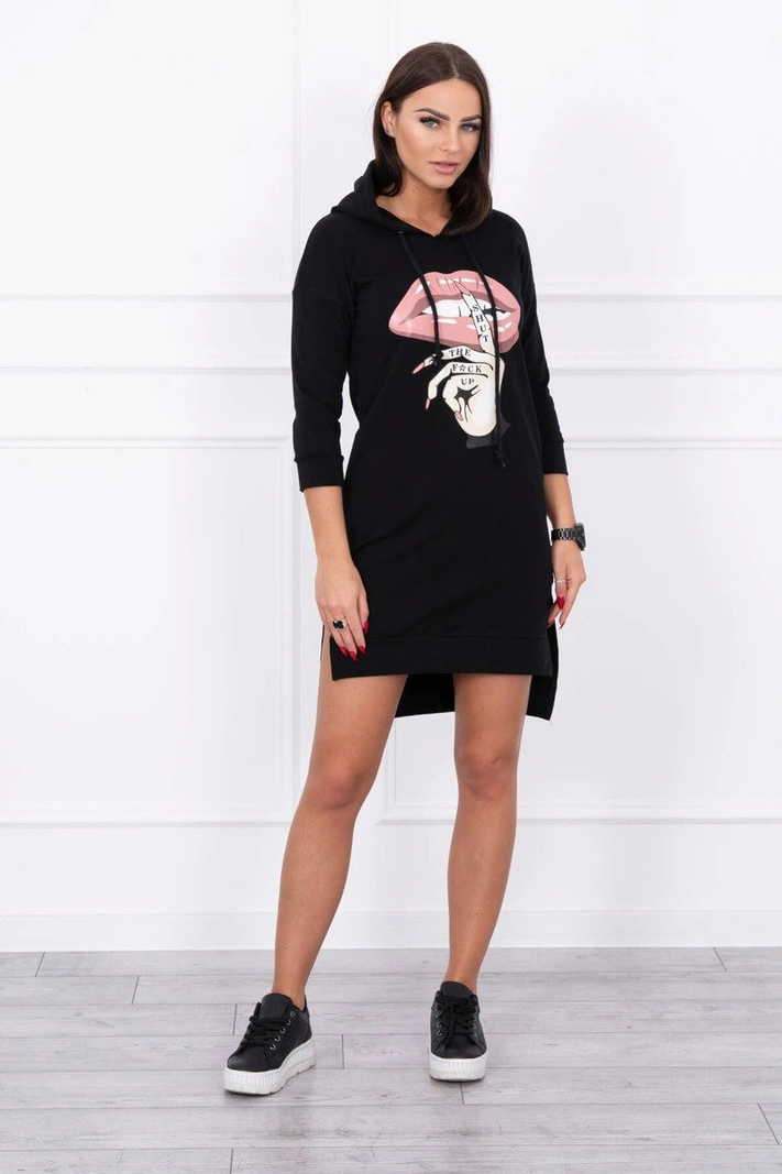 Dress with longer back and colorful print black