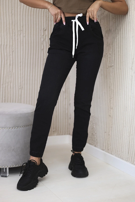 Denim trousers with a drawstring black